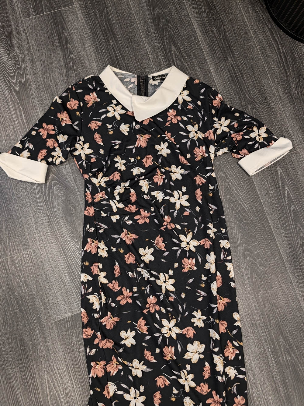 Black Floral Midi Dress with White Collar